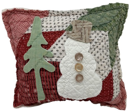 NEW Handmade Winter Christmas Snowman And Tree Pillow Vintage Quilt Chenille - Picture 2 of 7