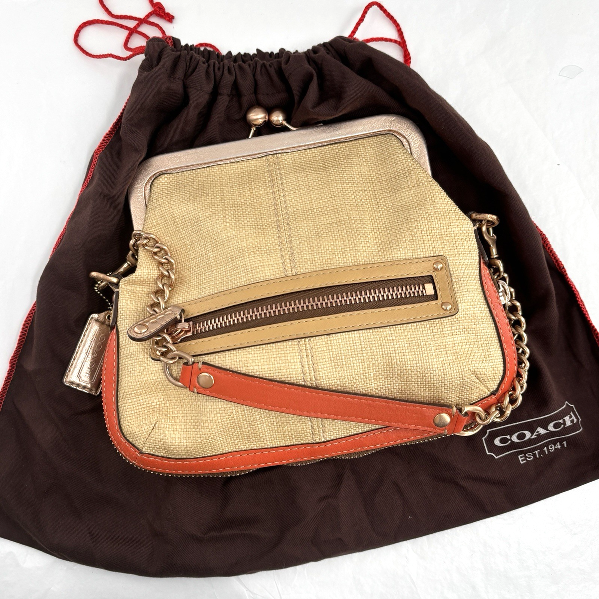 ビンテージバッグ　Tessan&Co. Coach Bag 13396 Bonnie Straw Foldover Orange Metallic Leather