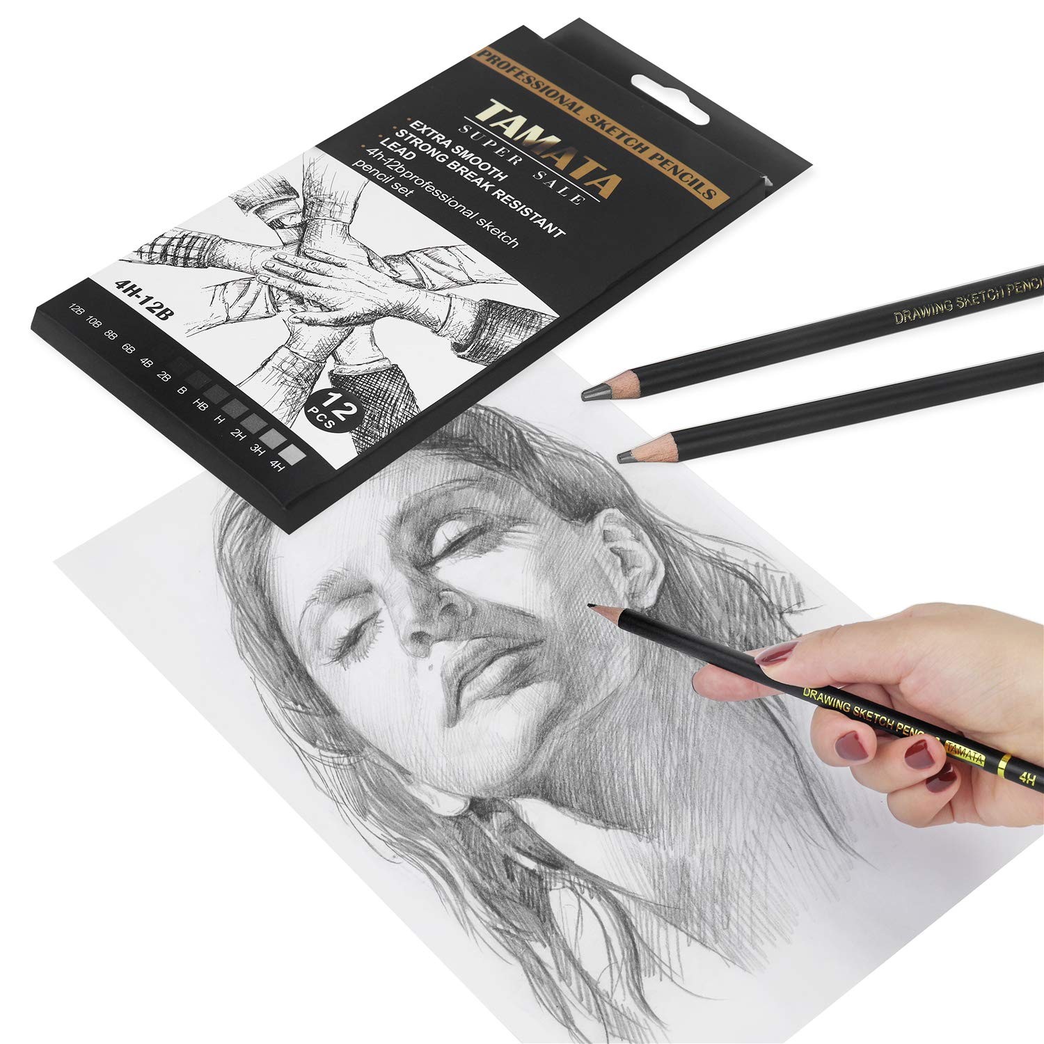 TAMATA 12 Pc Professional Graphite Sketching Pencil Set (12B-4H) for Artists