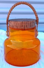 Takahashi Large Clear Orange Glass Cork Jar Rattan Handle Hand Blown Vintage