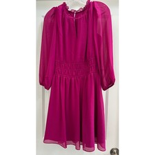 NEW Vince Camuto Magenta Pink Ruffle Neck Smocked Waist Dress Womens 6