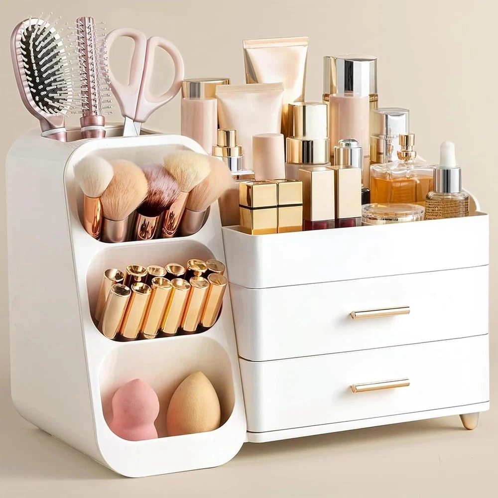 Makeup Organizer with Brush Holder for Vanity, Large Plastic Bathroom Countertop