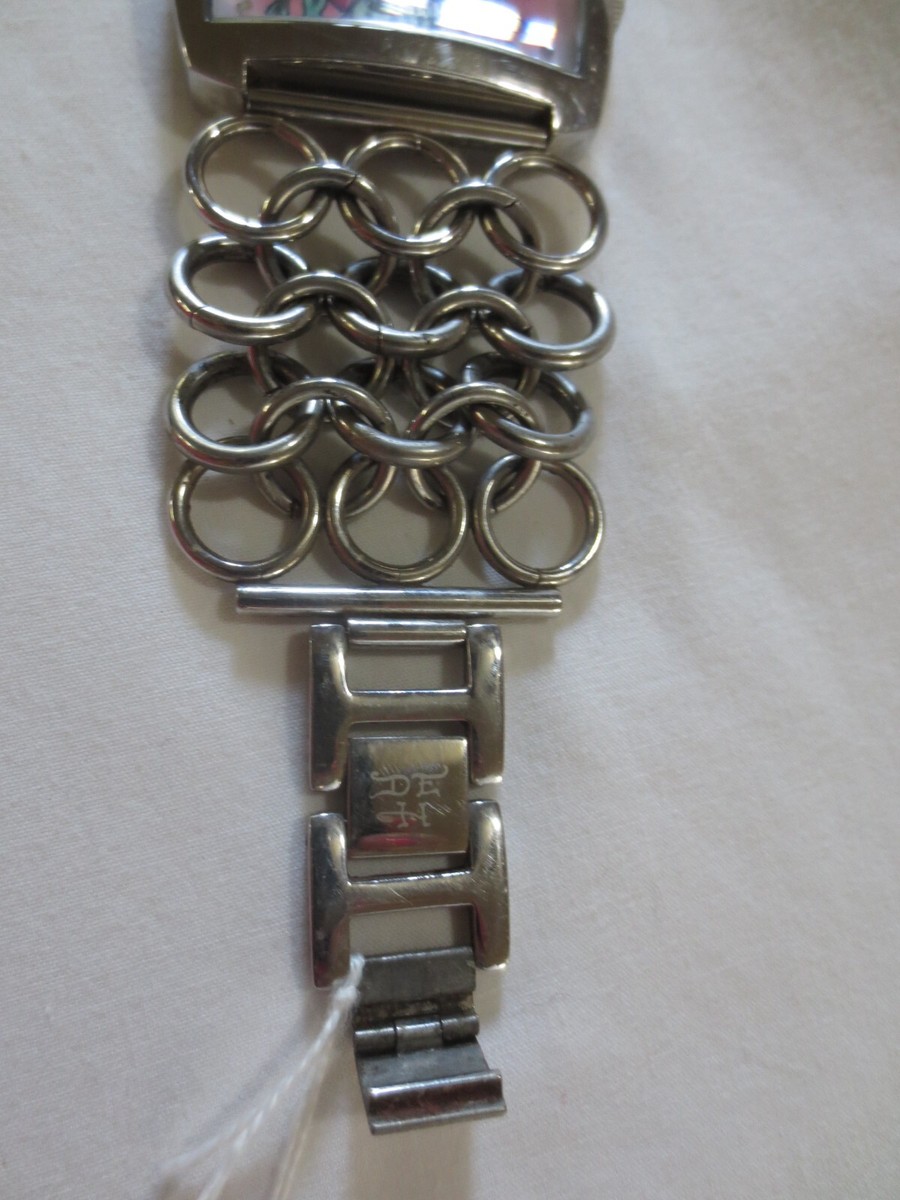 Ed Hardy Hearts Birds Dial Silver Tone Case Chain Link Style Band