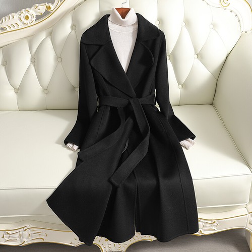 Women 100% Cashmere Winter Wool Coats Belt Lapel Outerwear Jackets Long Trench - Picture 13 of 20