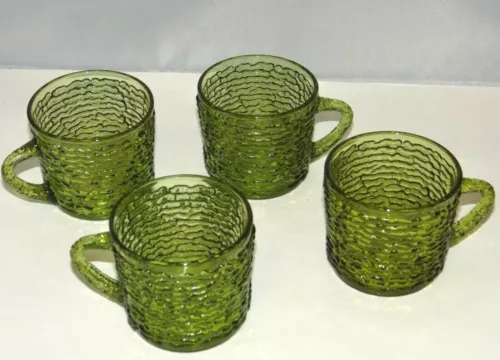 Anchor Hocking Soreno Avocado Green Pressed Bark Design Cup Mug Set of 4