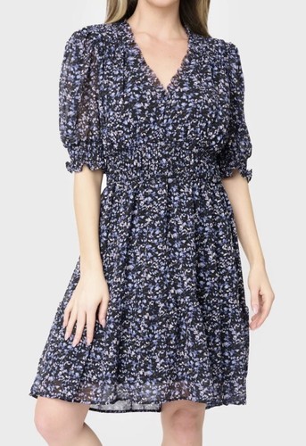GibsonLook Everybody V-Neck Ruffle Detail Dress Blue & Black Tiny Floral Size Xs