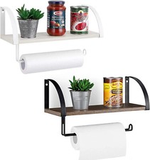 Wall Mounted Paper Towel Holder with Shelf Storage for Kitchen - White, Brown