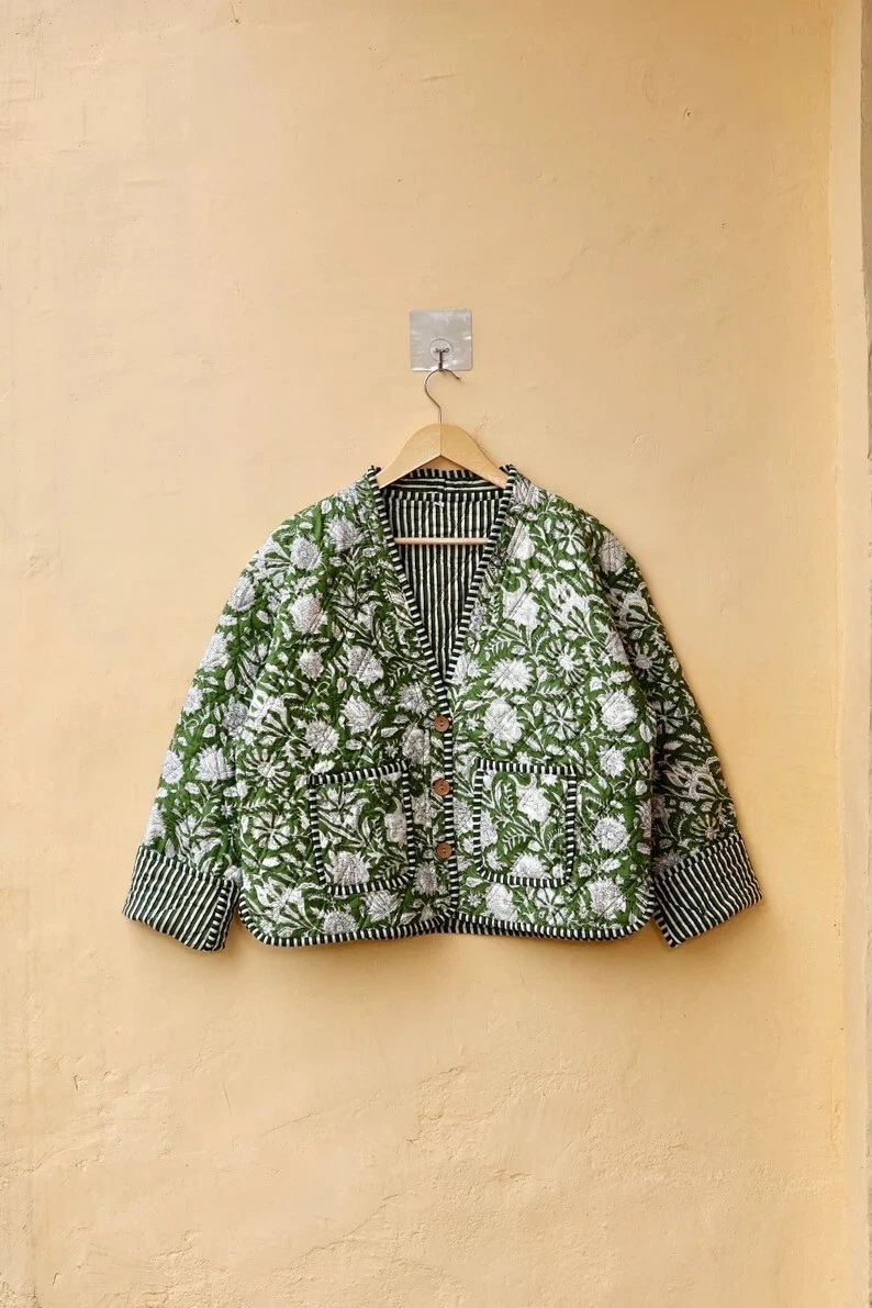 Green Floral 100% Cotton Quilted Unisex Jacket Indian Women's Clothing Jacket