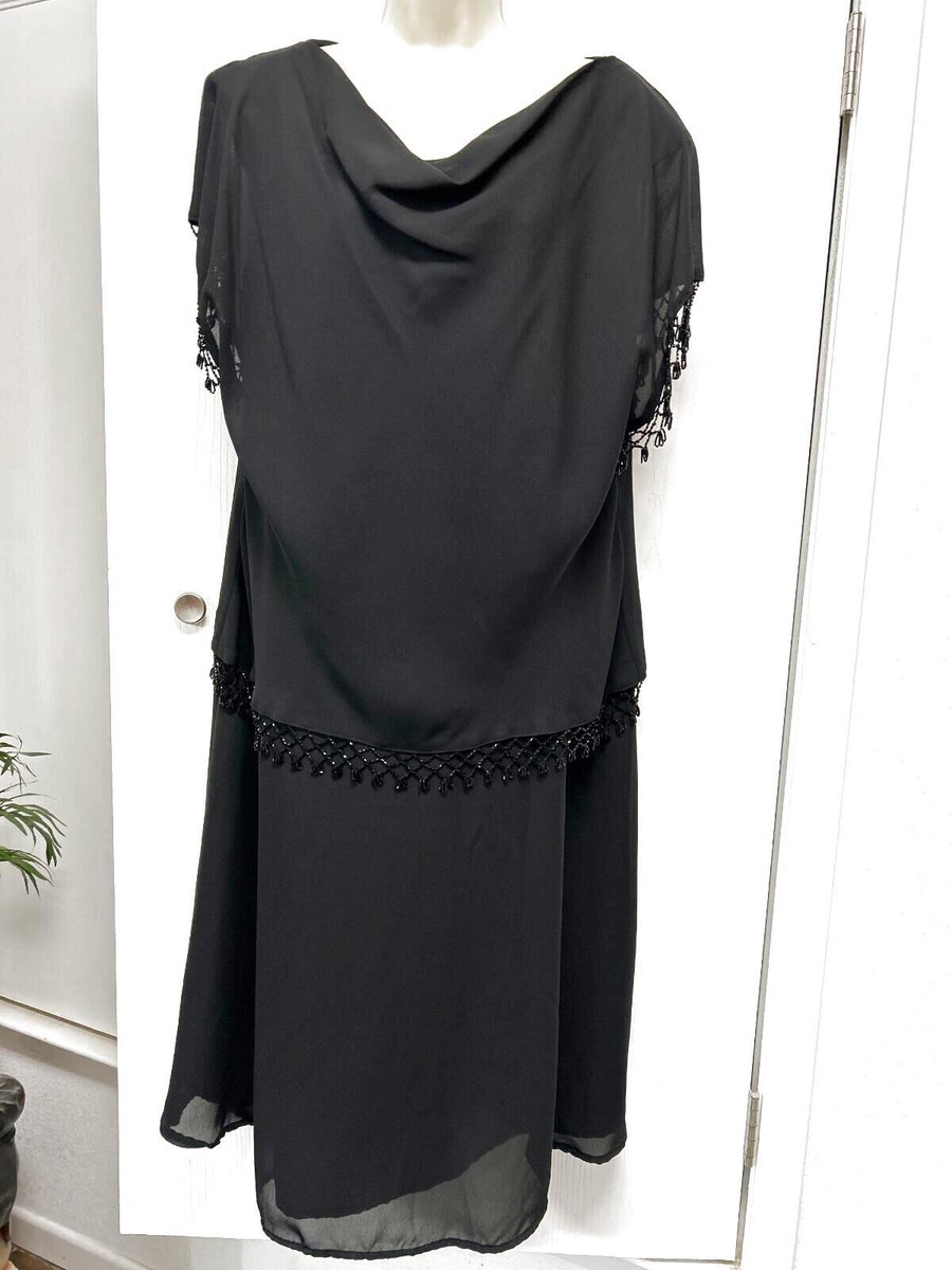 ALEX EVENINGS Dress Size 16 black beaded layered cowl collar Longer Length 