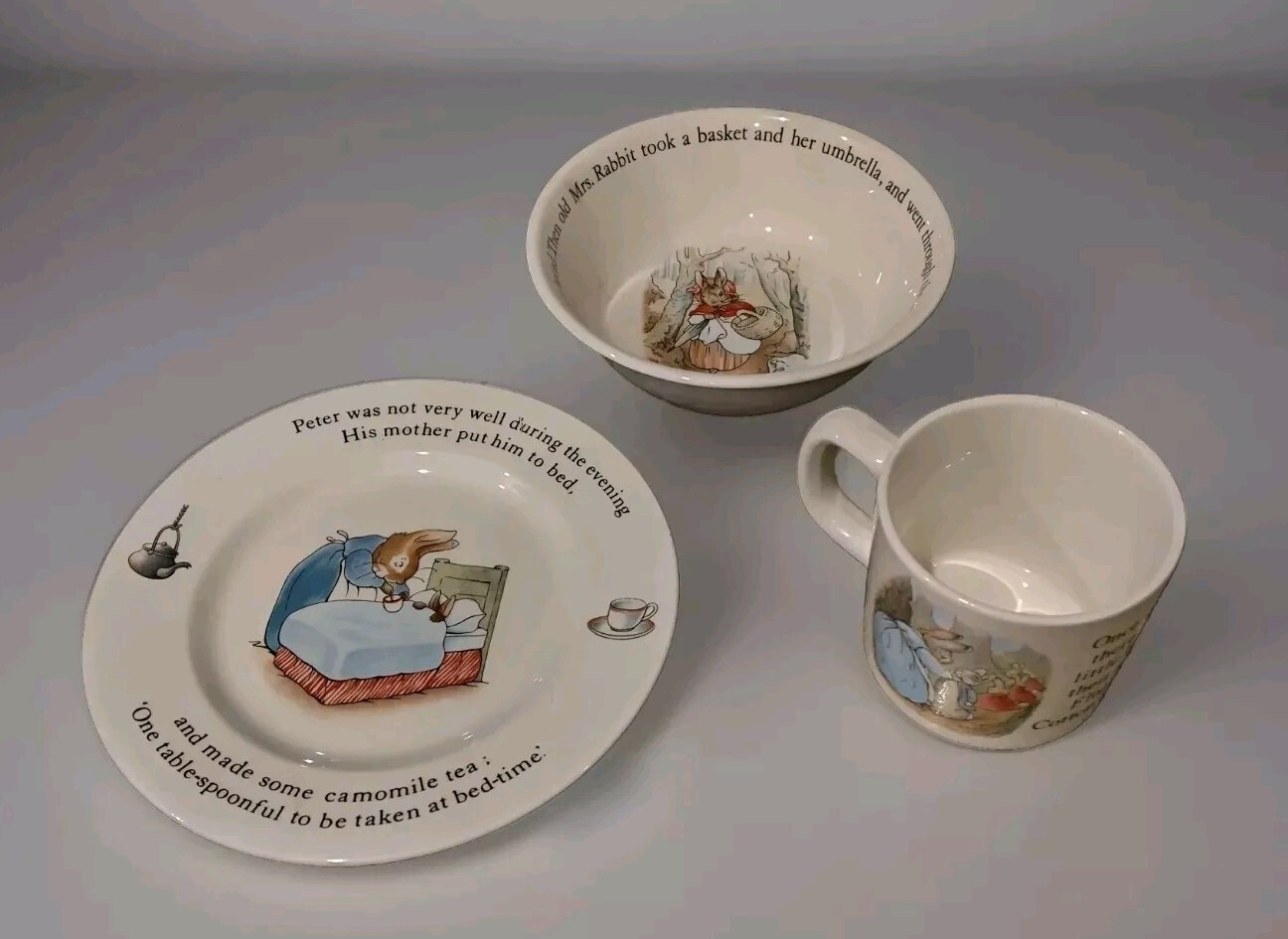Vintage Wedgwood Peter Rabbit 3-Piece Dining Set with Plate Bowl Cup Beatrix Potter