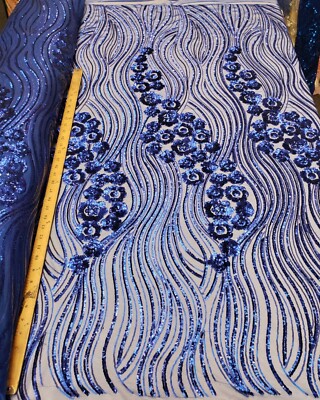 Royal Blue Floral Sequin Embroidery on Mesh Prom Sequin Fabric ''Luxury Wavy'' 