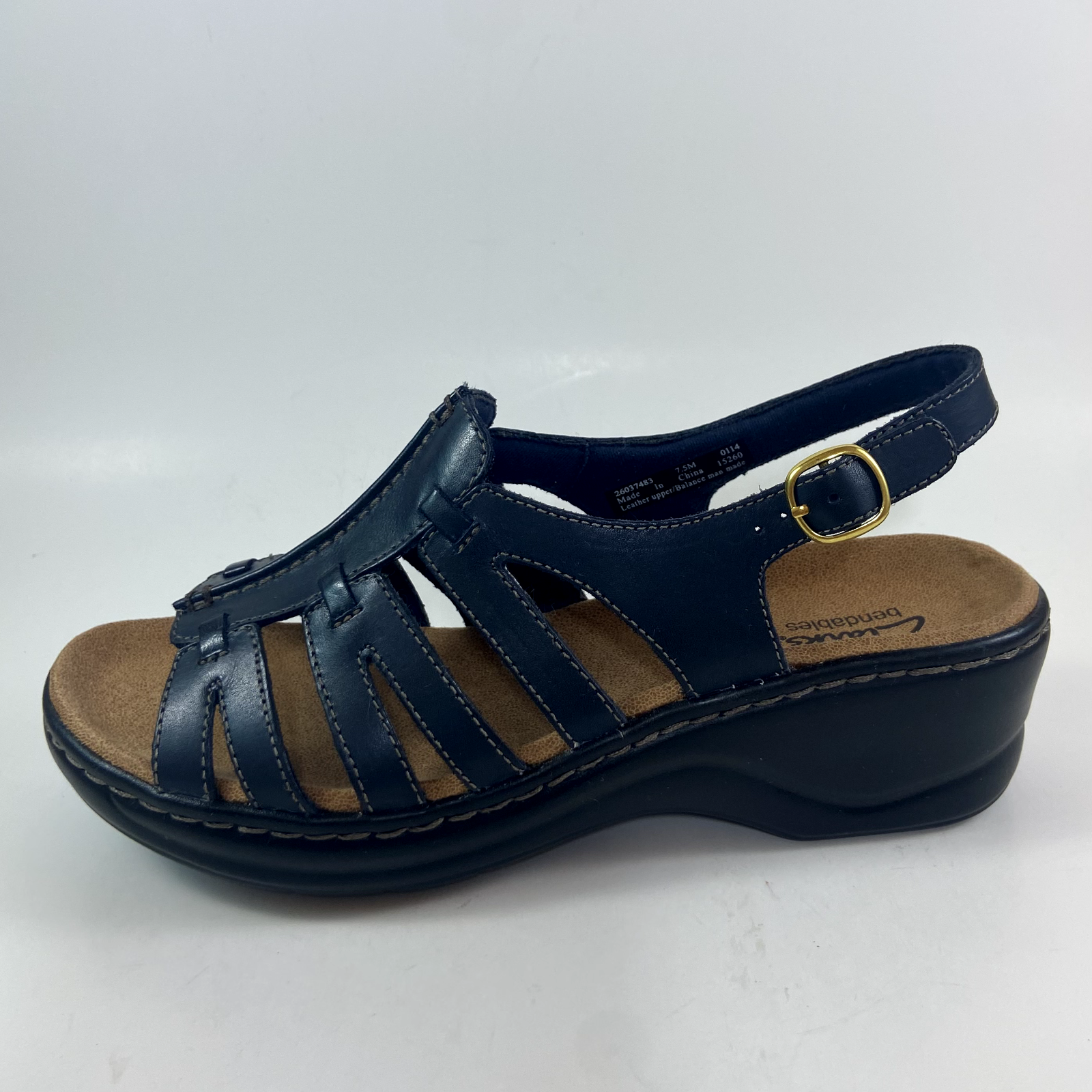 Clarks Lexi Marigold Navy Leather Wedge Heel Sandals Size 7.5M New