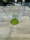 Vintage Glass Art Candy Dish W/ Green Base Scalloped Clear Dish Depression 5”