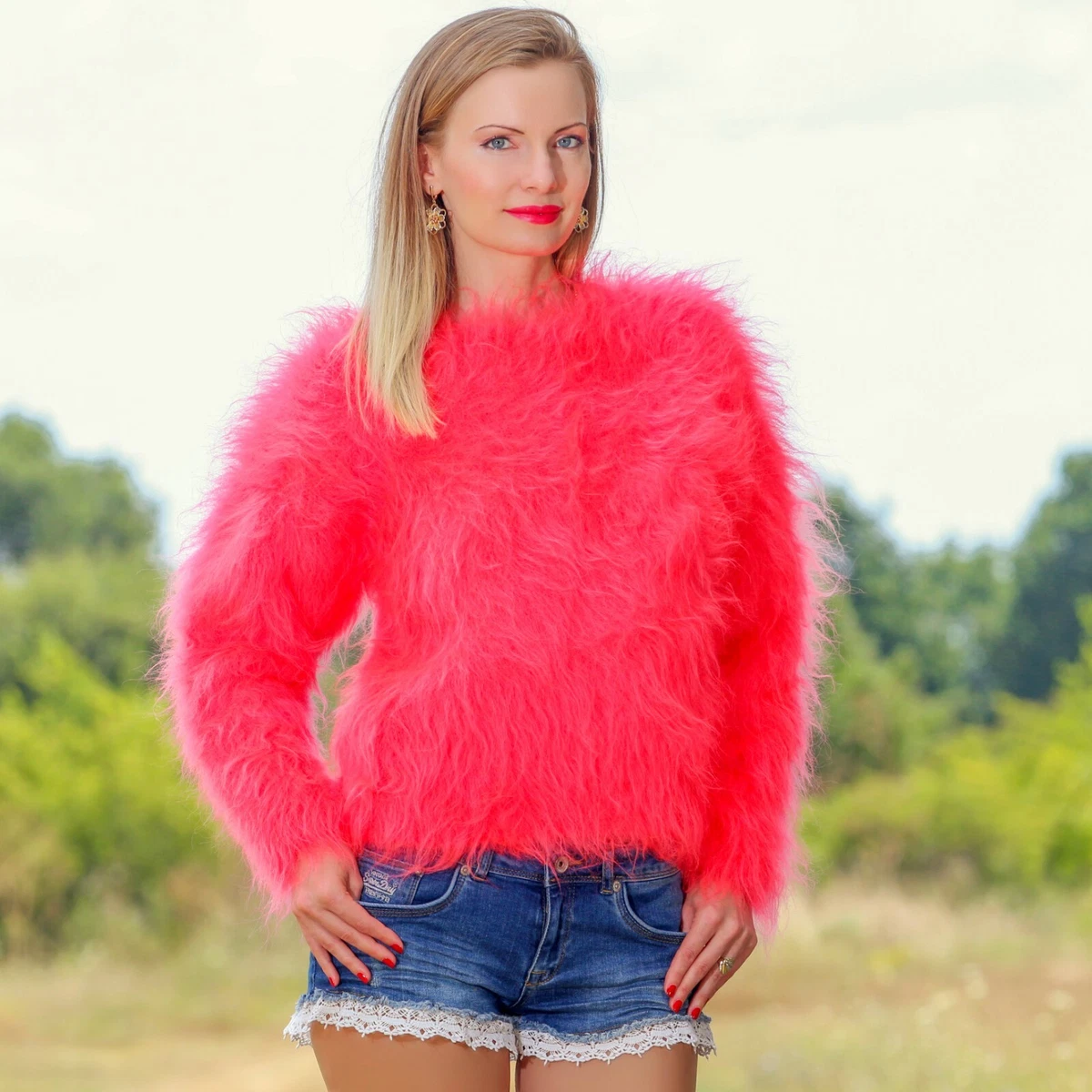 Neon red coral cropped mohair sweater fuzzy top hand knitted jumper  SUPERTANYA | eBay