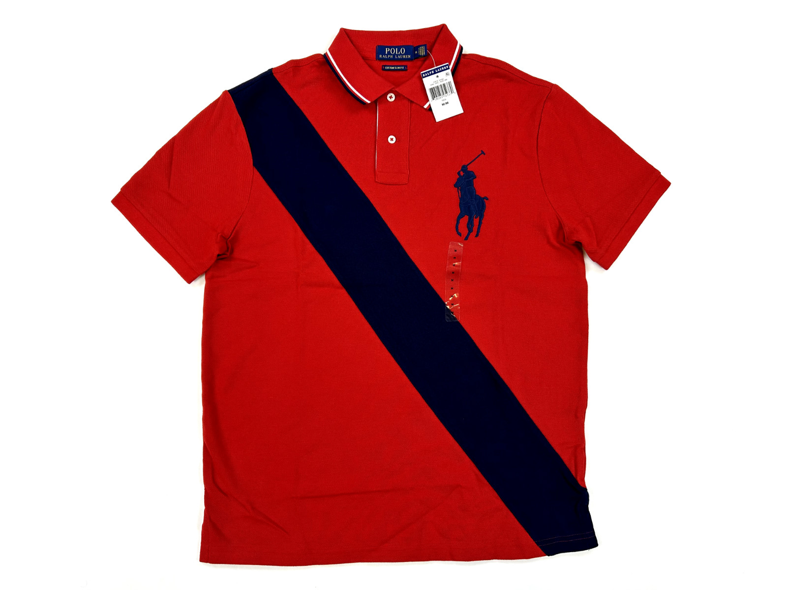 Polo Ralph Lauren Custom Slim Fit Big Pony Polo по диагонали - Красное с темно-синим - Размер M