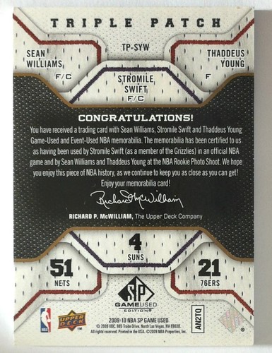 2009-10 UD SP Juego Usado Sean Williams S S Swift T Young Triple Parche/60 - Imagen 3 de 4