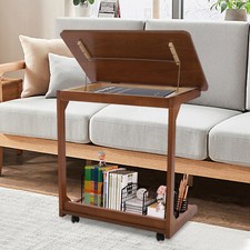 60cm C Shaped Table, C Table with Wheels, Couch Table Walnut-colored Durable New