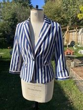Lucy & Co Size M Stripes Blue Blazer Zip Pockets 3/4 Sleeve Fitted