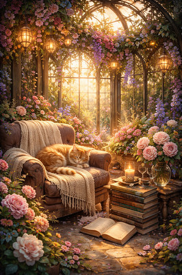 Gemütliches Gewächshaus Katze sonnenbeschienen Blumen Leseecke Poster Druck gerahmtes Leinwandbild