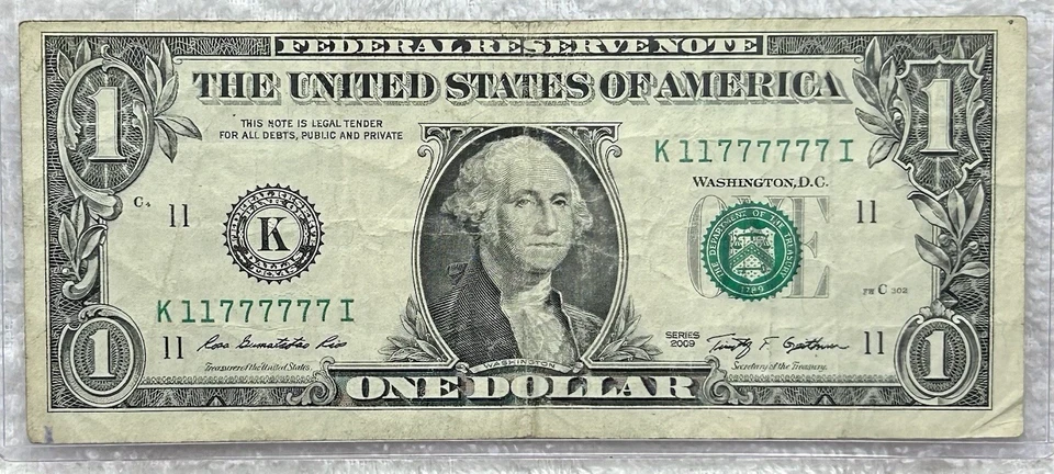 11777777 - Fancy Sevens Serial 2009 $1 Bill Federal Reserve Note - Image 2 of 3
