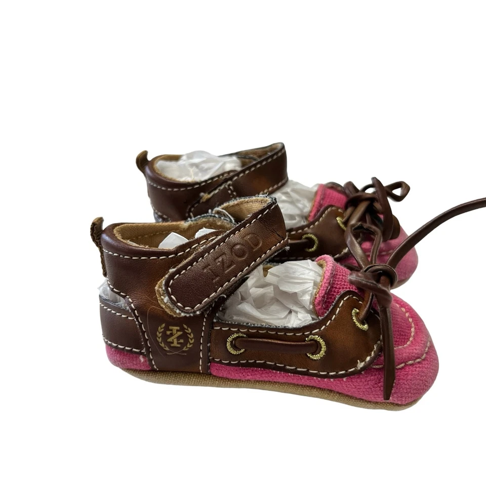 Sandalias Izod Infantil Niña Talla 2 Zapatos de Cuna Cuero Lona Rosa Marrón Suela Suave  Foto 4 de 4