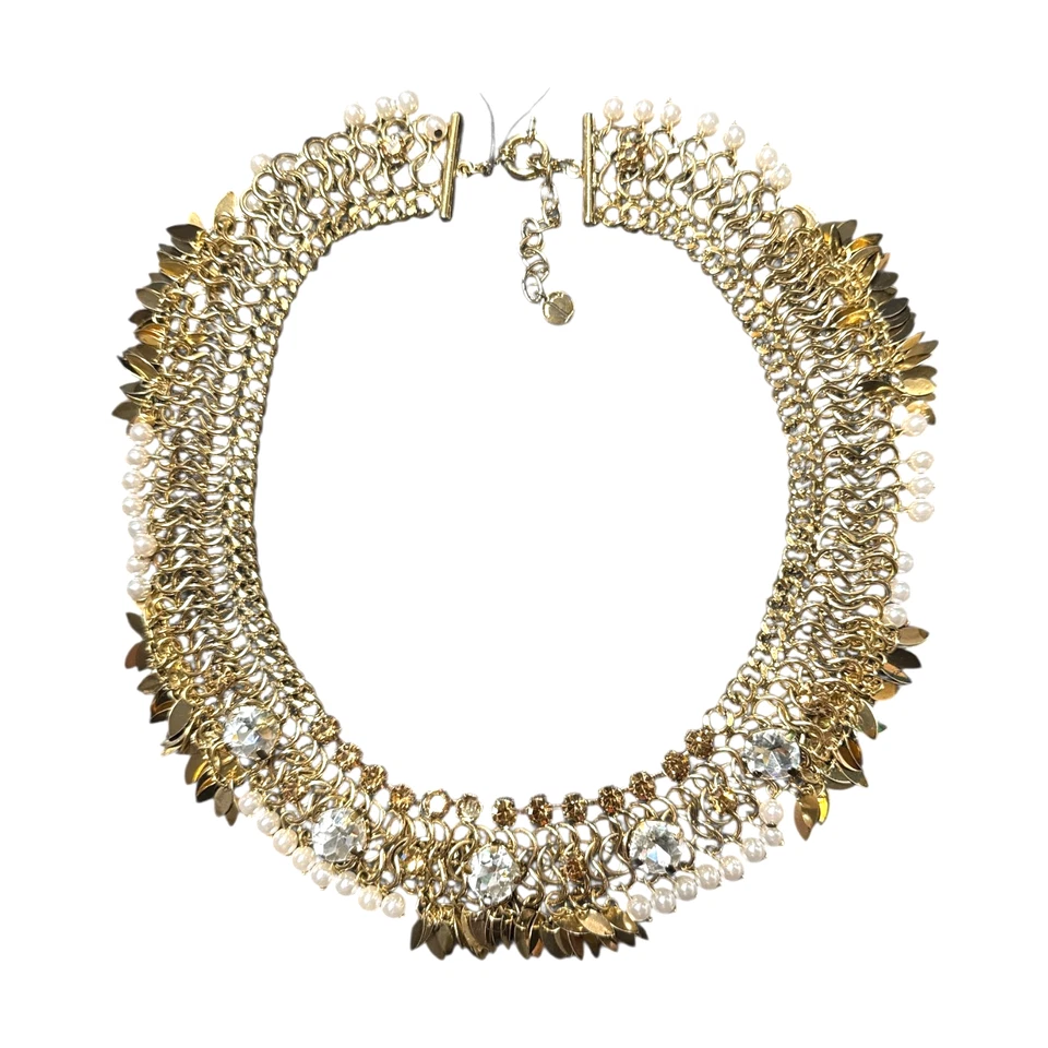 TALBOTS Gold Tone Crystal & Faux Pearl Choker Statement Necklace T471 - Image 2 of 4