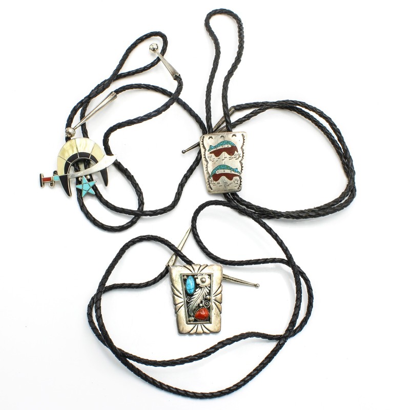 Southwest Sterling Turquoise Coral MOP Onyx Men Bolo Tie Slide Lot of 4 #S5387-4