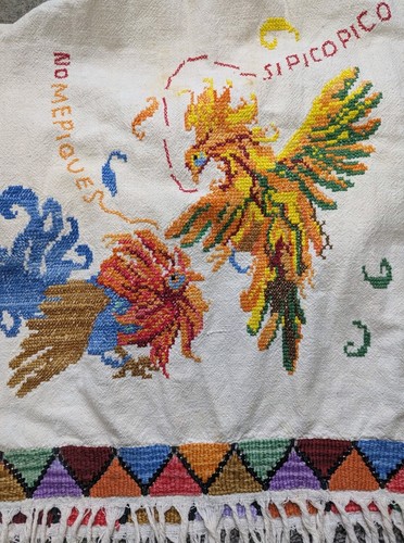 Vintage 40s 50s Embroidered Mexican Souvenir Tourist Tunic Cock Rooster Fight 
