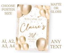 Personalised Gold Balloons Theme Party Sign POSTER Banner Add Name A1 A2 A3