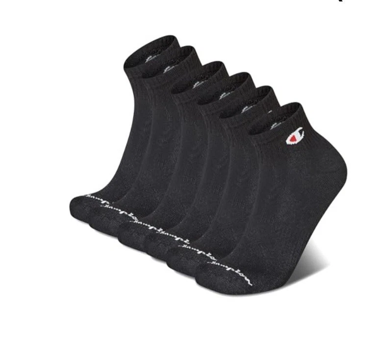 Champion Mens Quarter Ankle Multi SporSocks -6 Prs Athleticwear Size 6-12 Black