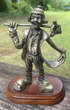 Vintage Pewter Hobo Clown Figurine Sculpture on wood base Holding Lunch Sack 5.5