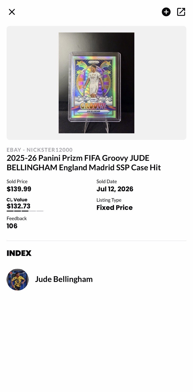 2025-26 Panini Prizm FIFA Groovy JUDE BELLINGHAM England Madrid SSP Case Hit view 3