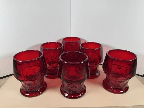 6 Vintage Anchor Hocking Ruby Red Glass Georgian Honeycomb 4”  12oz Tumblers