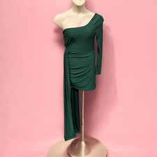 Fashion Nova Green One Shoulder Ruched Asymmetric Bodycon Dress Long Sleeve L