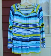 Jones New York 2X Blue Multi Long Roll Tab Sleeve Scoop Neck Cotton Blend Tee