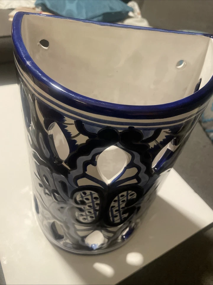 Mexican Handmade Pottery Talavera Wall Lighting Blue Sconce Lamp - Image 4 of 4