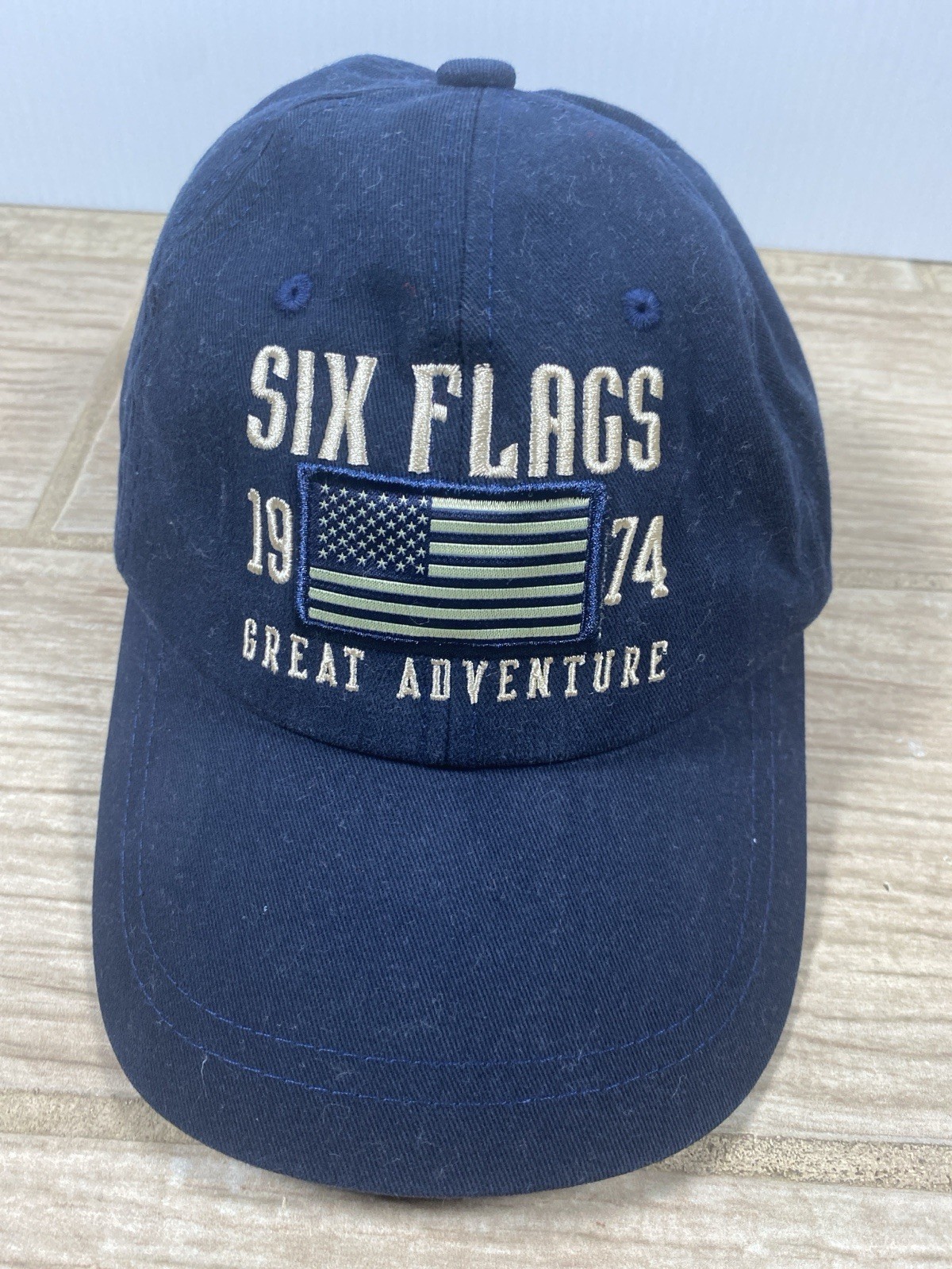Six Flags Great Adventure 1974 Navy Blue Adjustable Baseball Cap with USA Flag