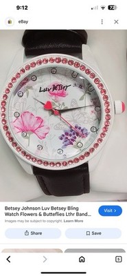Betsey Johnson Luv Betsey Bling Watch Flowers & Butteflies Lthr Band New In BOX