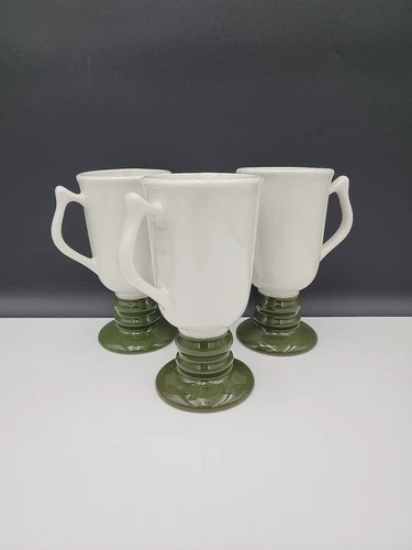Vintage Hall Footed Pedestal Irish Coffee Mugs #1273 USA Green & White Set Of 3