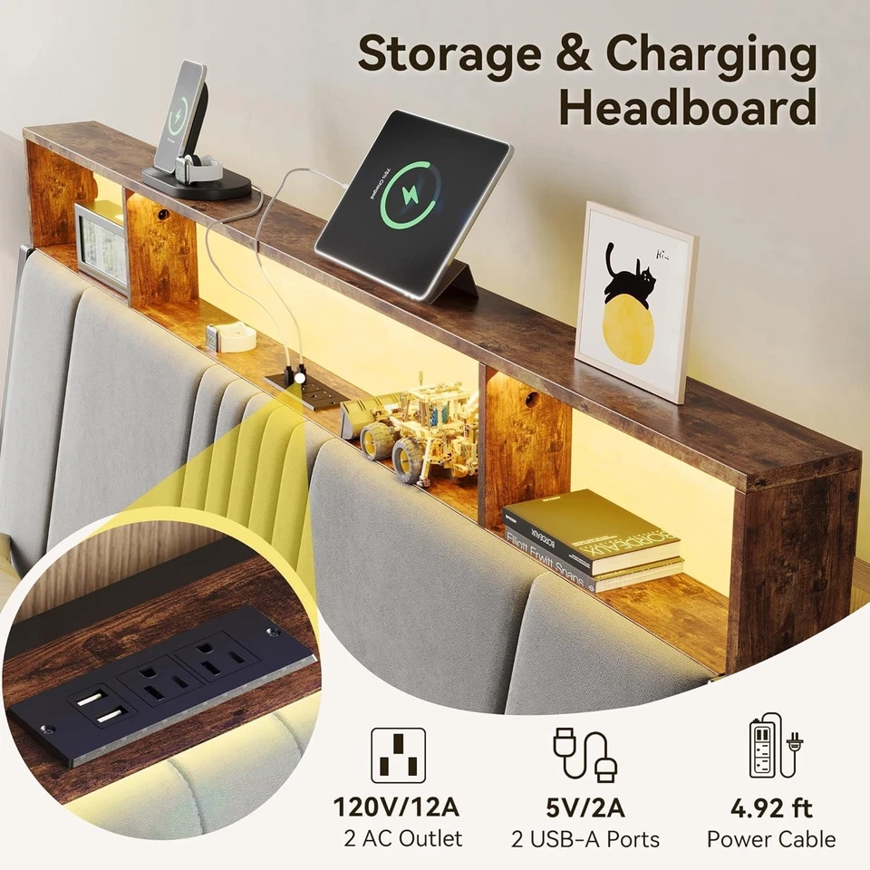 Twin Bed Frame with Headboard, Metal Platform Bed w/ 2-Tier Storage& LED Lights- - Image 4 of 4