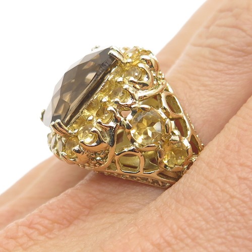 925 Sterling Silver Gold Plated Real Smoky Quartz & Citrine Ring Size 7 - Picture 2 of 9