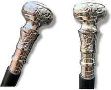 Vintage Silver Brass Handle Victorian Fold Able Wooden Black Walking Stick Cane