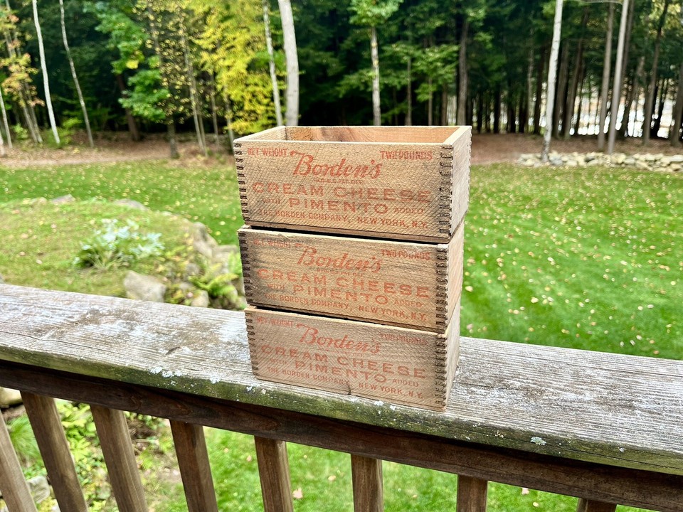 Antique Wooden Borden’s Cream Cheese w/Pimento Boxes, New York 2 LB