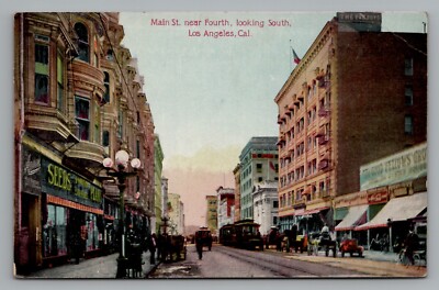 Main Street Los Angeles CA near Fourth Looking South Trolley Cars Postcard