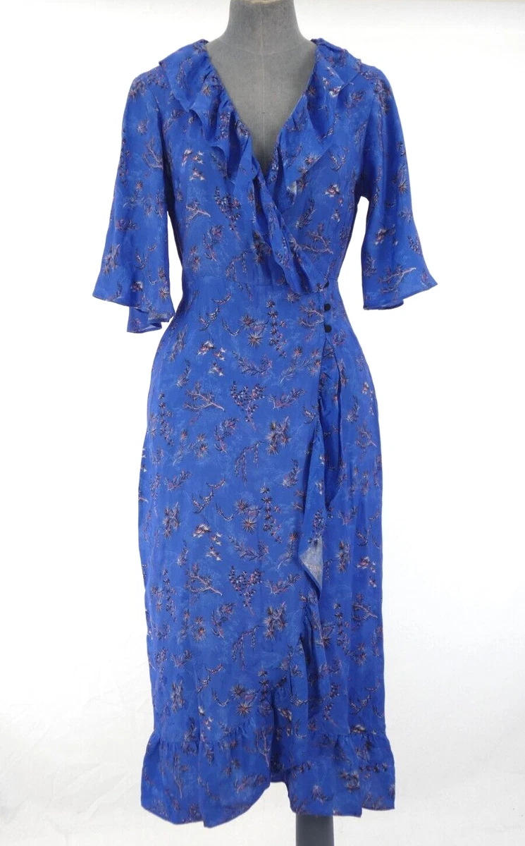 Topshop Wrap Dress Bohemian Blue Floral Viscose Midi Ruffle Plunge
