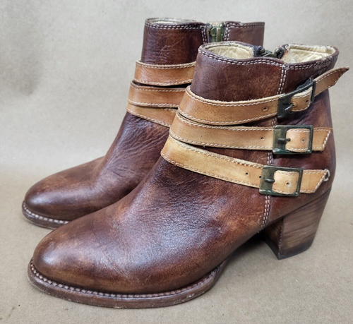 Bed Stu Cobbler Brown (Size 6.5) Western Ankle Boots Buckles Straps Zip Women - 第 1/18 張圖片