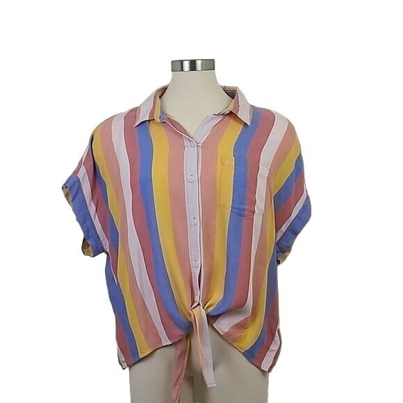Beachlunchlounge Womens Tie Front Multicolor Striped Cap Sleeve Top Size XL