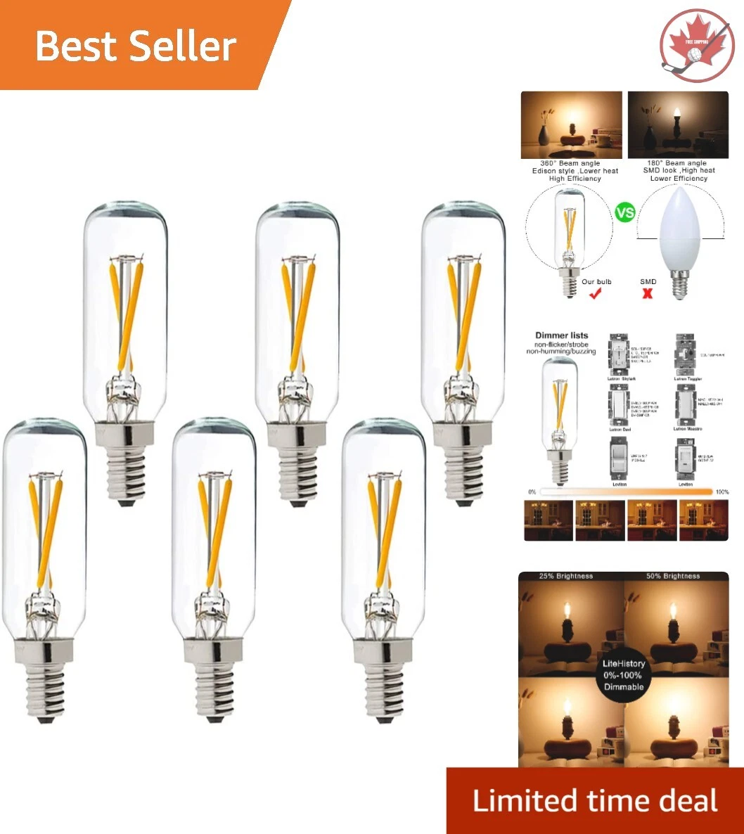 Dimmable T6 LED Bulb 25W Candelabra LED 2700K Clear Energy Saving 6 Pack