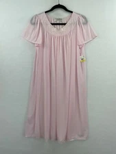 Miss Elaine Medium Satin Nightgown Pink Short Sleeve Floral Embroidered NWT A90