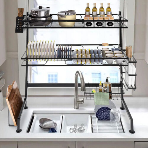 2 Tier Over The Sink Dish Drying Rack Stainless Steel Kitchen Dish Drainer Black